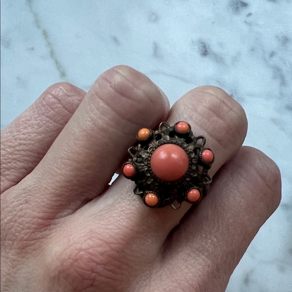 Antique Coral Adjustable Ring